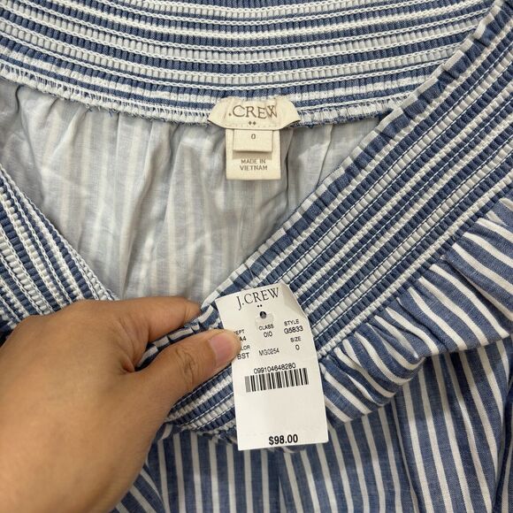 J Crew Striped Off Shoulder Mini Dress Sz 0 NWT Cotton Linen Blue White Boho - Picture 3 of 9